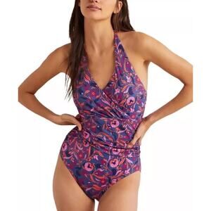 Boden | Swim NWT Levanoz Ruched One Piece Halter Purple and Pink Floral Size 6